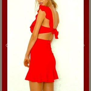 Red ruffle cutout linen dress.